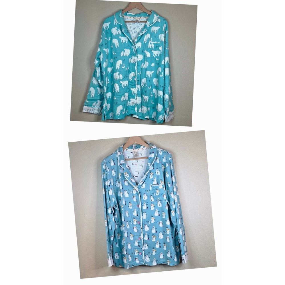 Lot 2 Munki Munki Snowman Polar Bear Flannel Cozy Pajama Top ONLY Size XXL